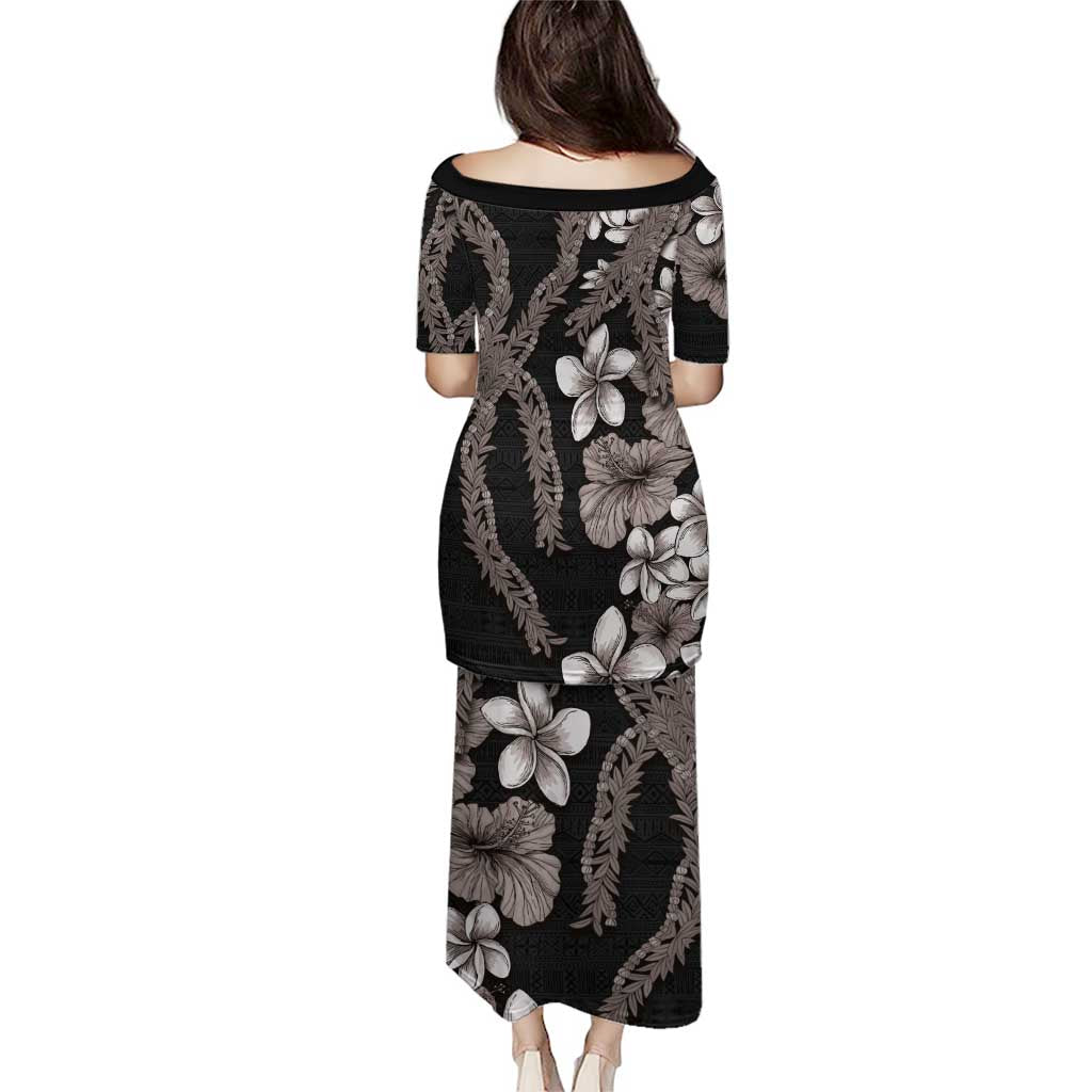 Hawaiian Tropical Flowers and Maile Pikake Puletasi Polynesian Tribal Pattern Grayscale Mode LT03 - Polynesian Pride