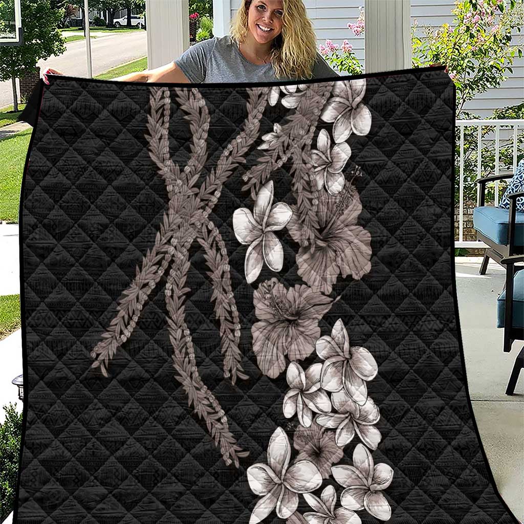 Hawaiian Tropical Flowers and Maile Pikake Quilt Polynesian Tribal Pattern Grayscale Mode