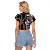 Hawaiian Tropical Flowers and Maile Pikake Raglan Cropped T Shirt Polynesian Tribal Pattern Grayscale Mode LT03 - Polynesian Pride