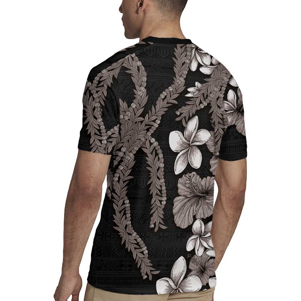 Hawaiian Tropical Flowers and Maile Pikake Rugby Jersey Polynesian Tribal Pattern Grayscale Mode LT03 - Polynesian Pride