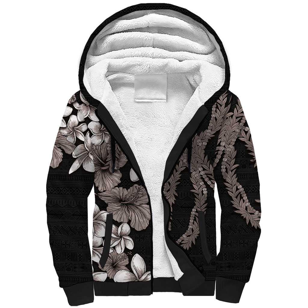 Hawaiian Tropical Flowers and Maile Pikake Sherpa Hoodie Polynesian Tribal Pattern Grayscale Mode