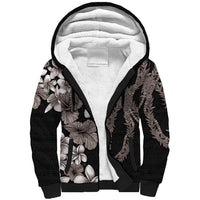 Hawaiian Tropical Flowers and Maile Pikake Sherpa Hoodie Polynesian Tribal Pattern Grayscale Mode LT03 Unisex Black - Polynesian Pride