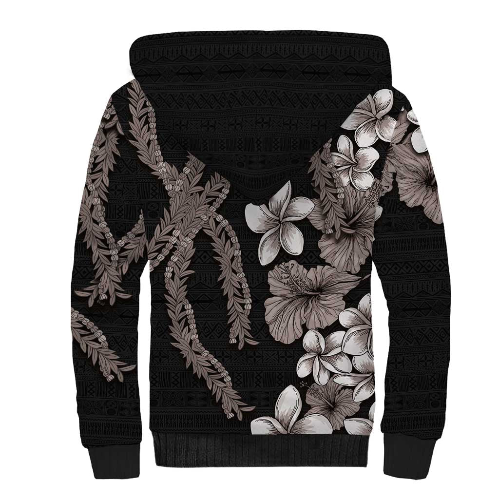 Hawaiian Tropical Flowers and Maile Pikake Sherpa Hoodie Polynesian Tribal Pattern Grayscale Mode LT03 - Polynesian Pride