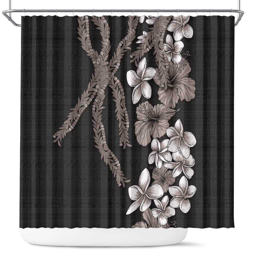 Hawaiian Tropical Flowers and Maile Pikake Shower Curtain Polynesian Tribal Pattern Grayscale Mode