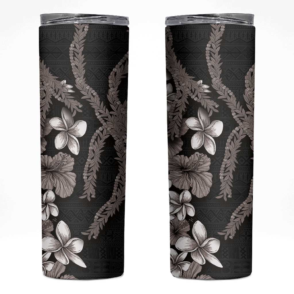 Hawaiian Tropical Flowers and Maile Pikake Skinny Tumbler Polynesian Tribal Pattern Grayscale Mode