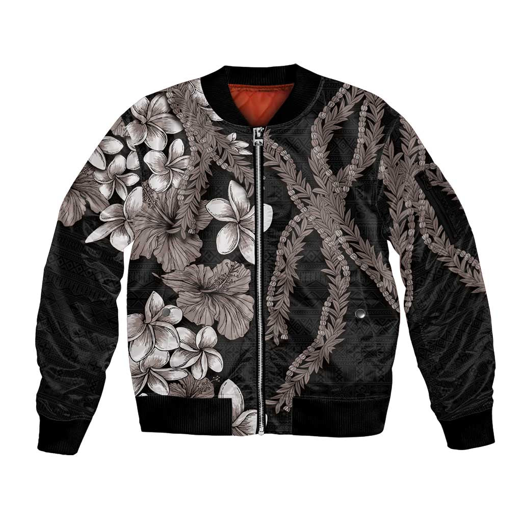 Hawaiian Tropical Flowers and Maile Pikake Sleeve Zip Bomber Jacket Polynesian Tribal Pattern Grayscale Mode