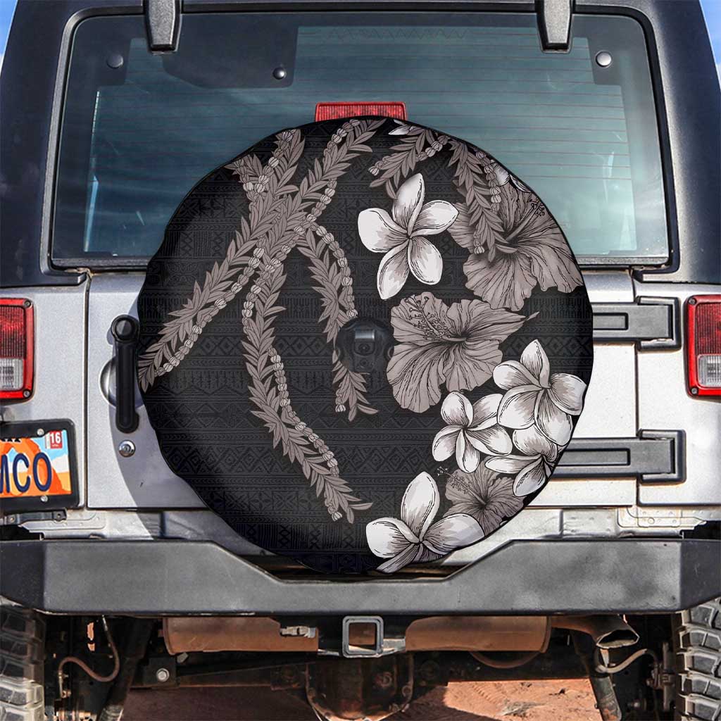 Hawaiian Tropical Flowers and Maile Pikake Spare Tire Cover Polynesian Tribal Pattern Grayscale Mode