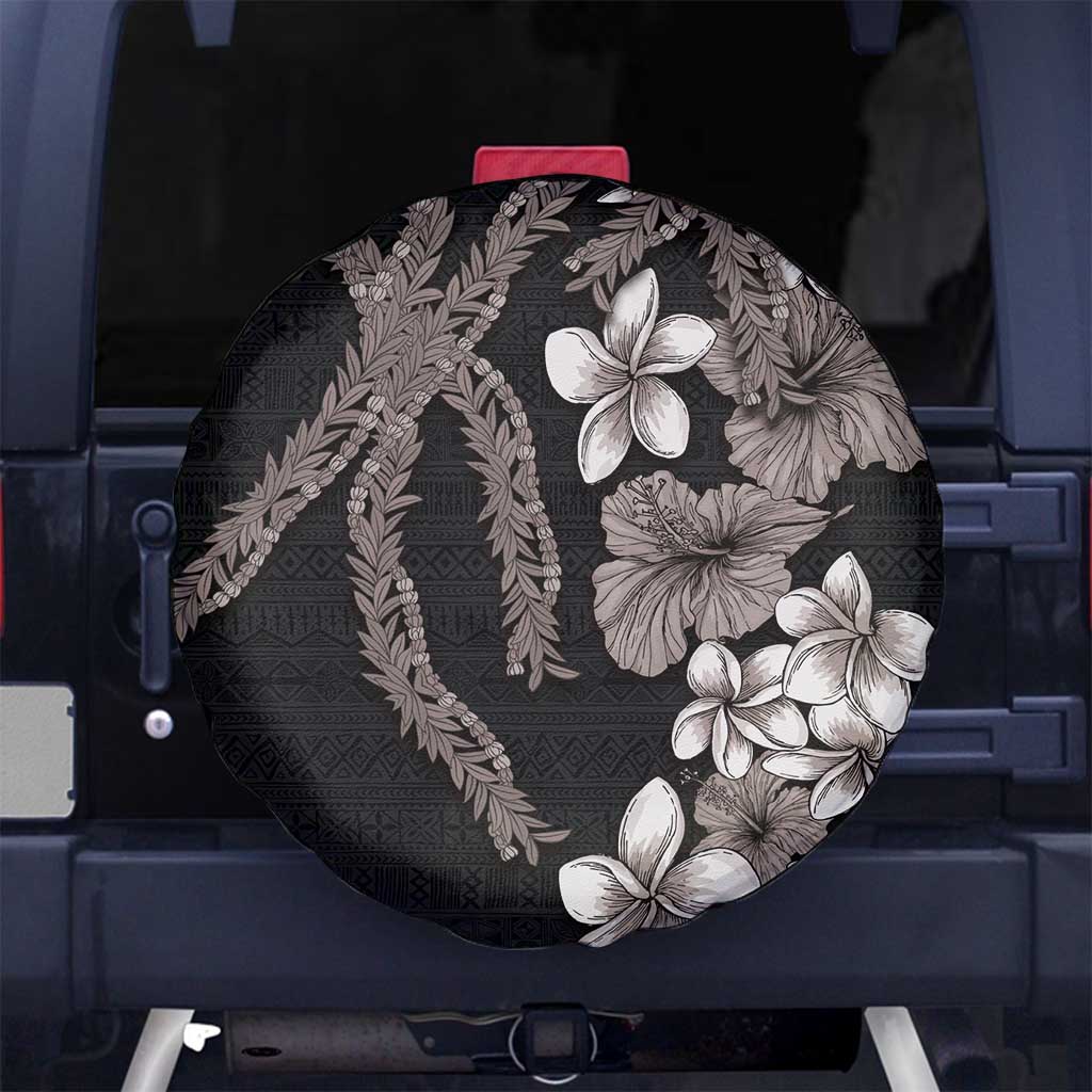 Hawaiian Tropical Flowers and Maile Pikake Spare Tire Cover Polynesian Tribal Pattern Grayscale Mode LT03 - Polynesian Pride