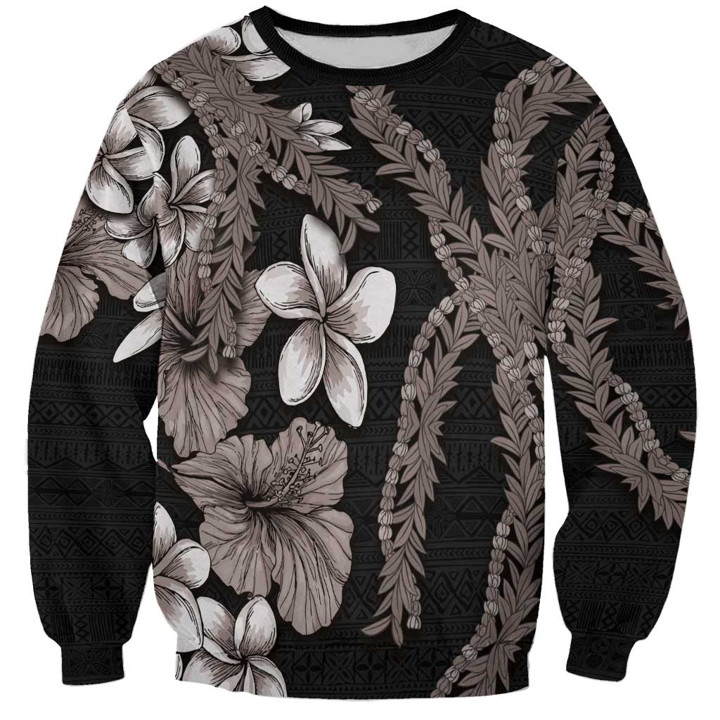 Hawaiian Tropical Flowers and Maile Pikake Sweatshirt Polynesian Tribal Pattern Grayscale Mode LT03 Unisex Black - Polynesian Pride