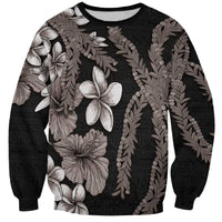Hawaiian Tropical Flowers and Maile Pikake Sweatshirt Polynesian Tribal Pattern Grayscale Mode LT03 Unisex Black - Polynesian Pride