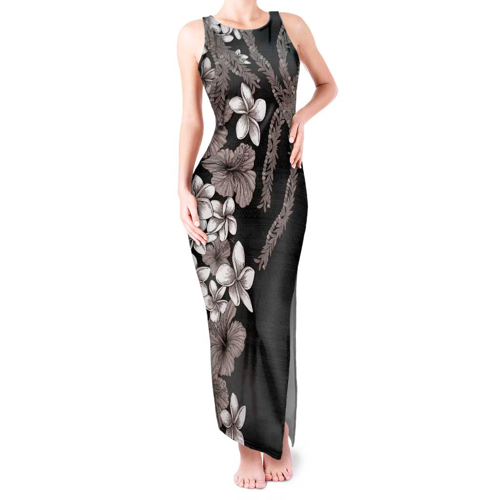 Hawaiian Tropical Flowers and Maile Pikake Tank Maxi Dress Polynesian Tribal Pattern Grayscale Mode