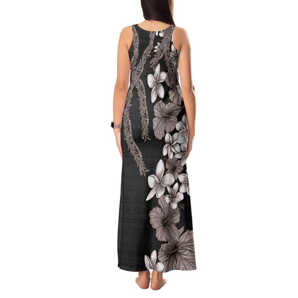 Hawaiian Tropical Flowers and Maile Pikake Tank Maxi Dress Polynesian Tribal Pattern Grayscale Mode LT03 - Polynesian Pride