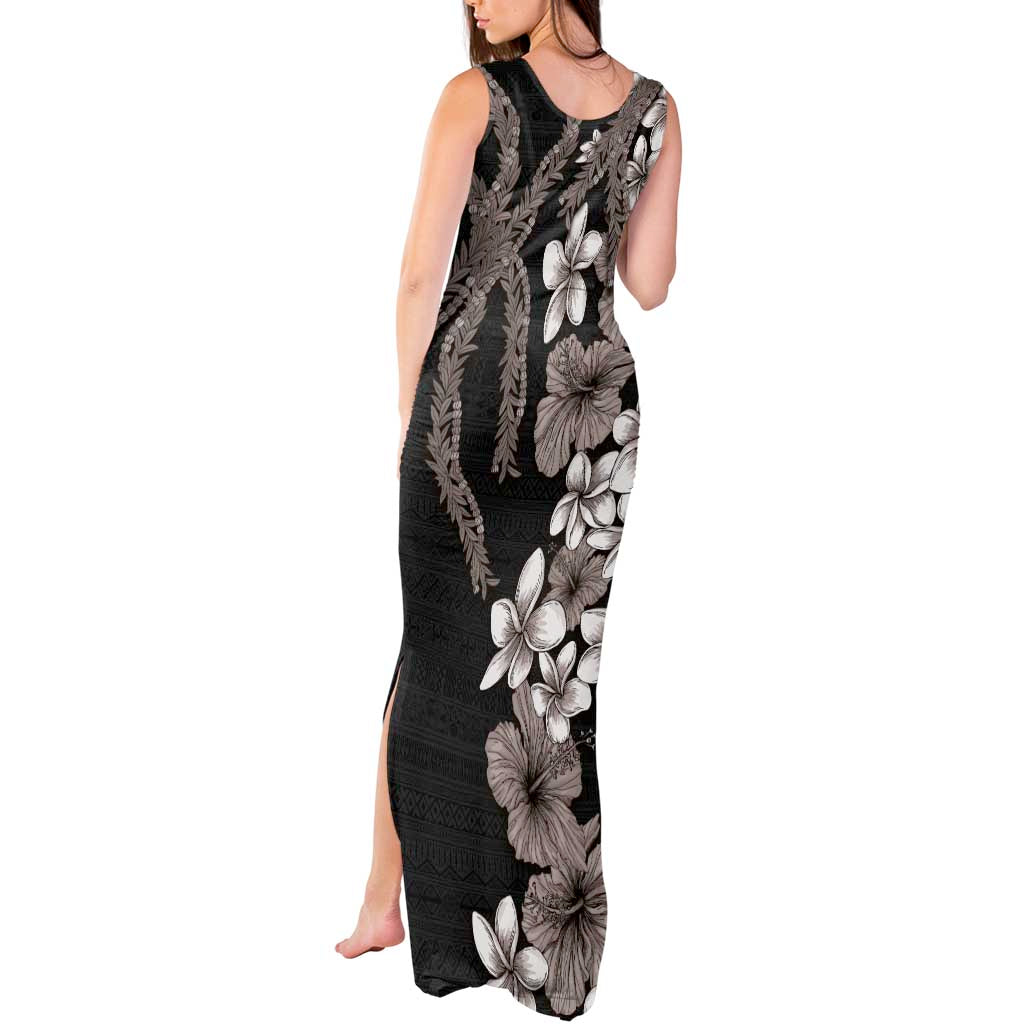 Hawaiian Tropical Flowers and Maile Pikake Tank Maxi Dress Polynesian Tribal Pattern Grayscale Mode LT03 - Polynesian Pride