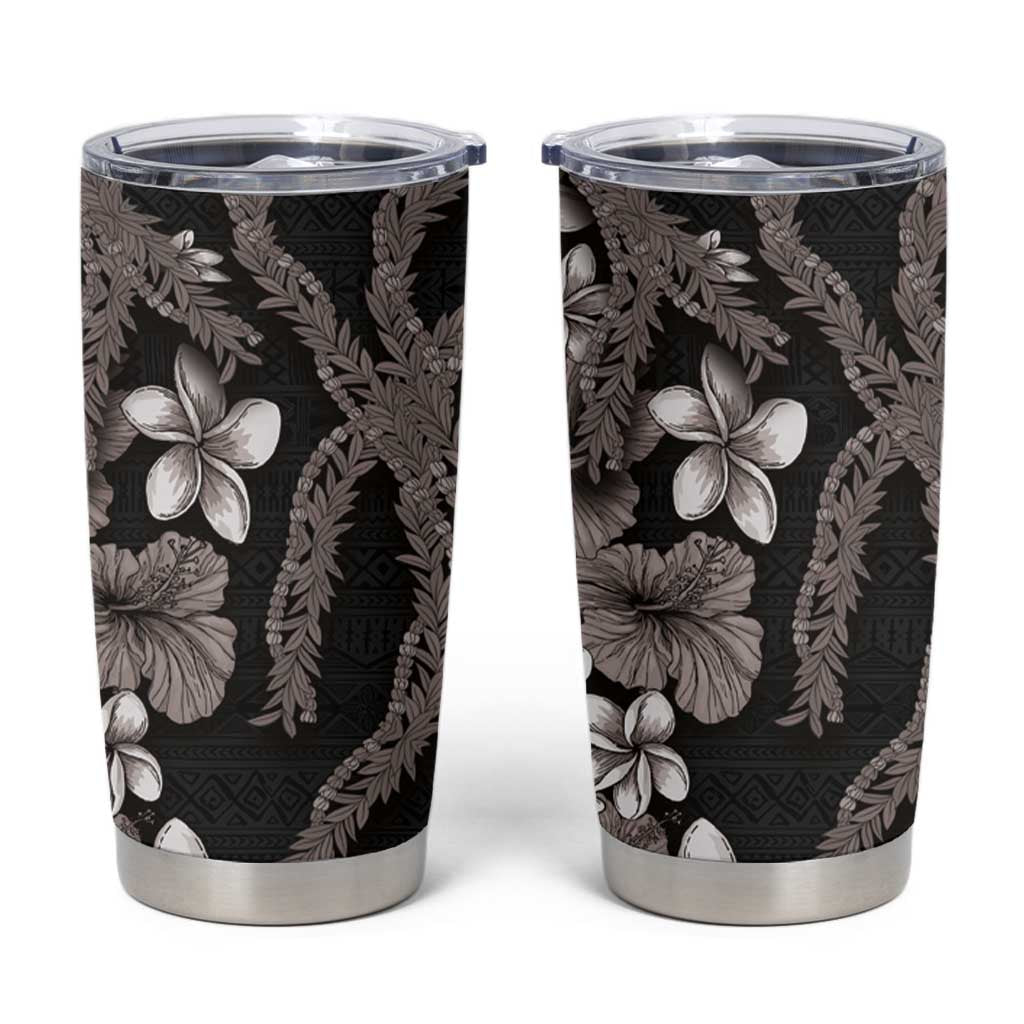 Hawaiian Tropical Flowers and Maile Pikake Tumbler Cup Polynesian Tribal Pattern Grayscale Mode