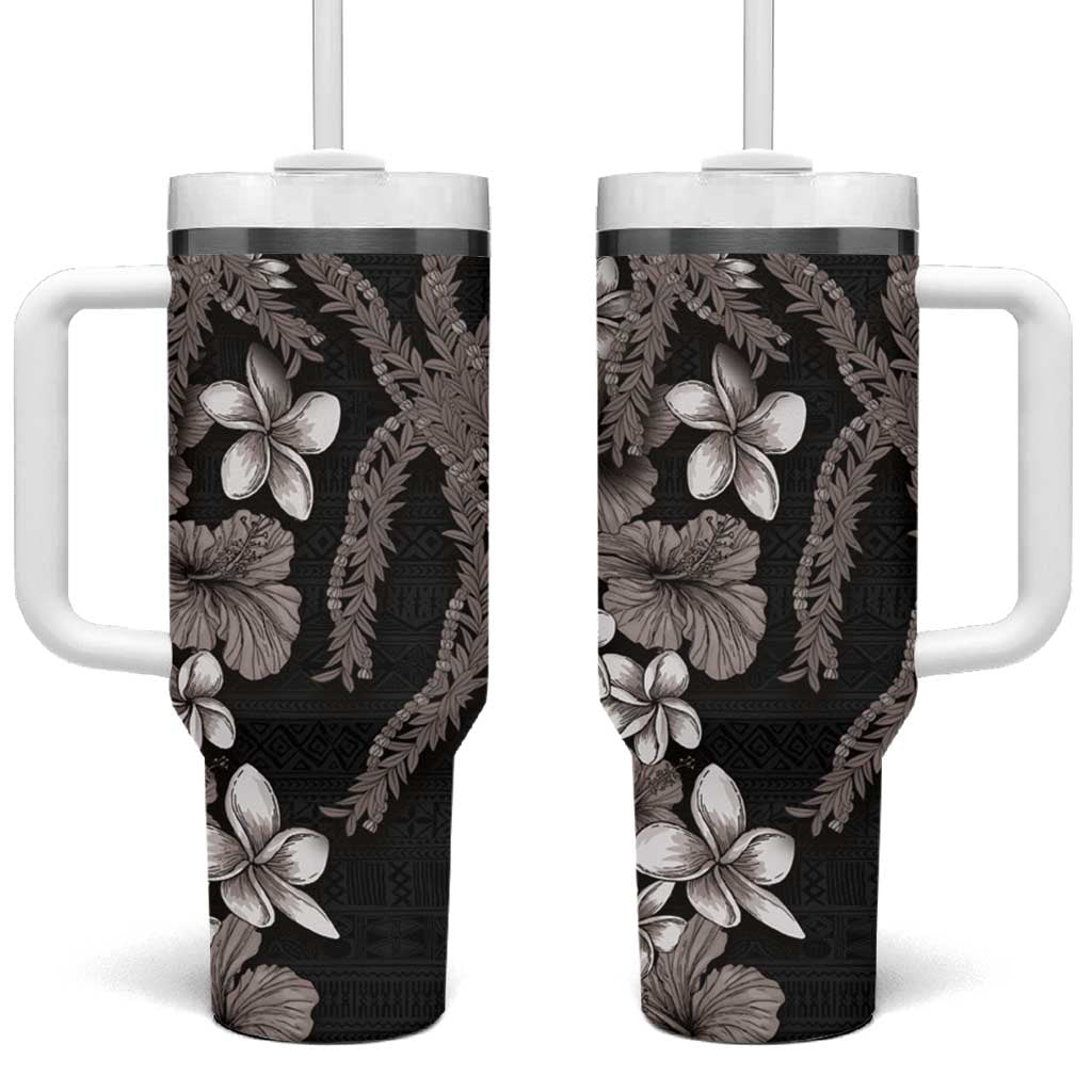 Hawaiian Tropical Flowers and Maile Pikake Tumbler With Handle Polynesian Tribal Pattern Grayscale Mode