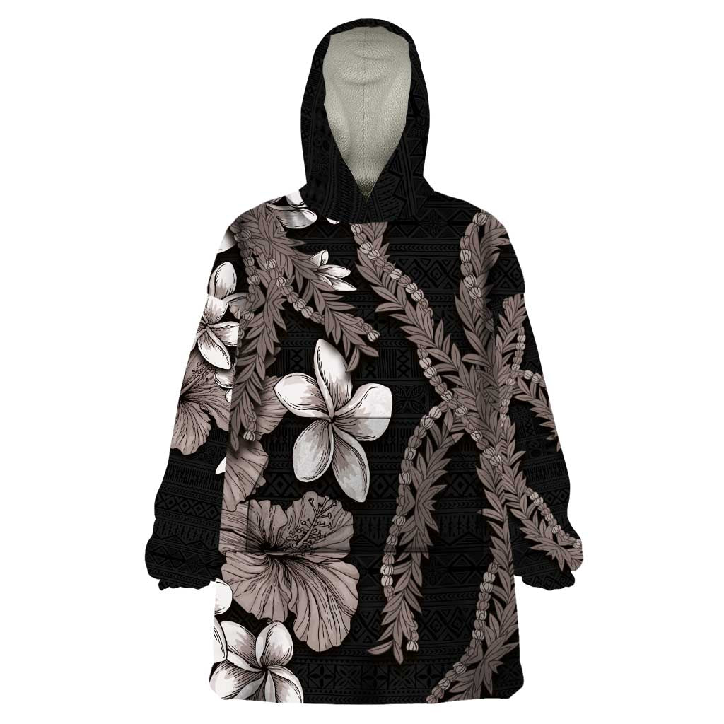 Hawaiian Tropical Flowers and Maile Pikake Wearable Blanket Hoodie Polynesian Tribal Pattern Grayscale Mode