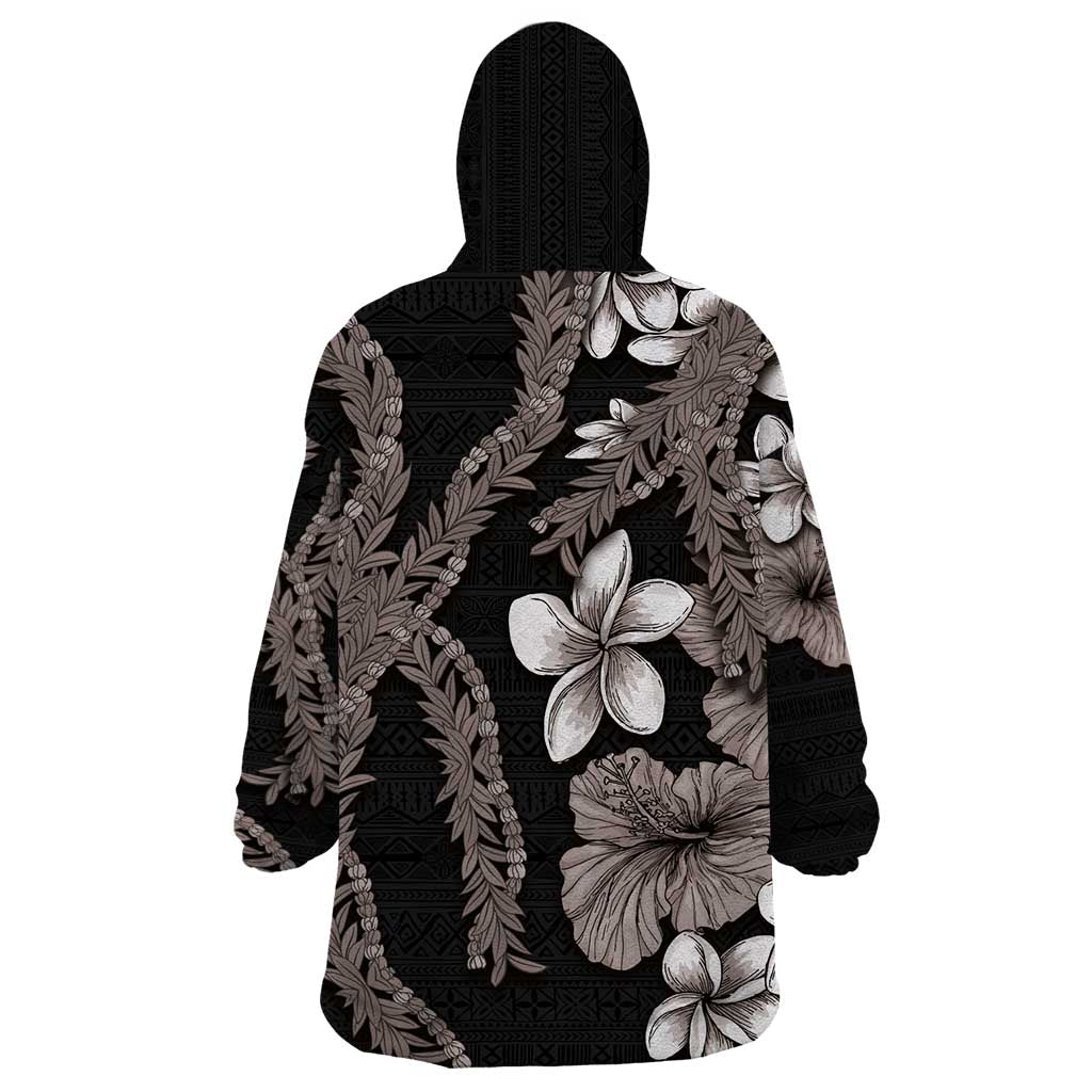 Hawaiian Tropical Flowers and Maile Pikake Wearable Blanket Hoodie Polynesian Tribal Pattern Grayscale Mode LT03 - Polynesian Pride