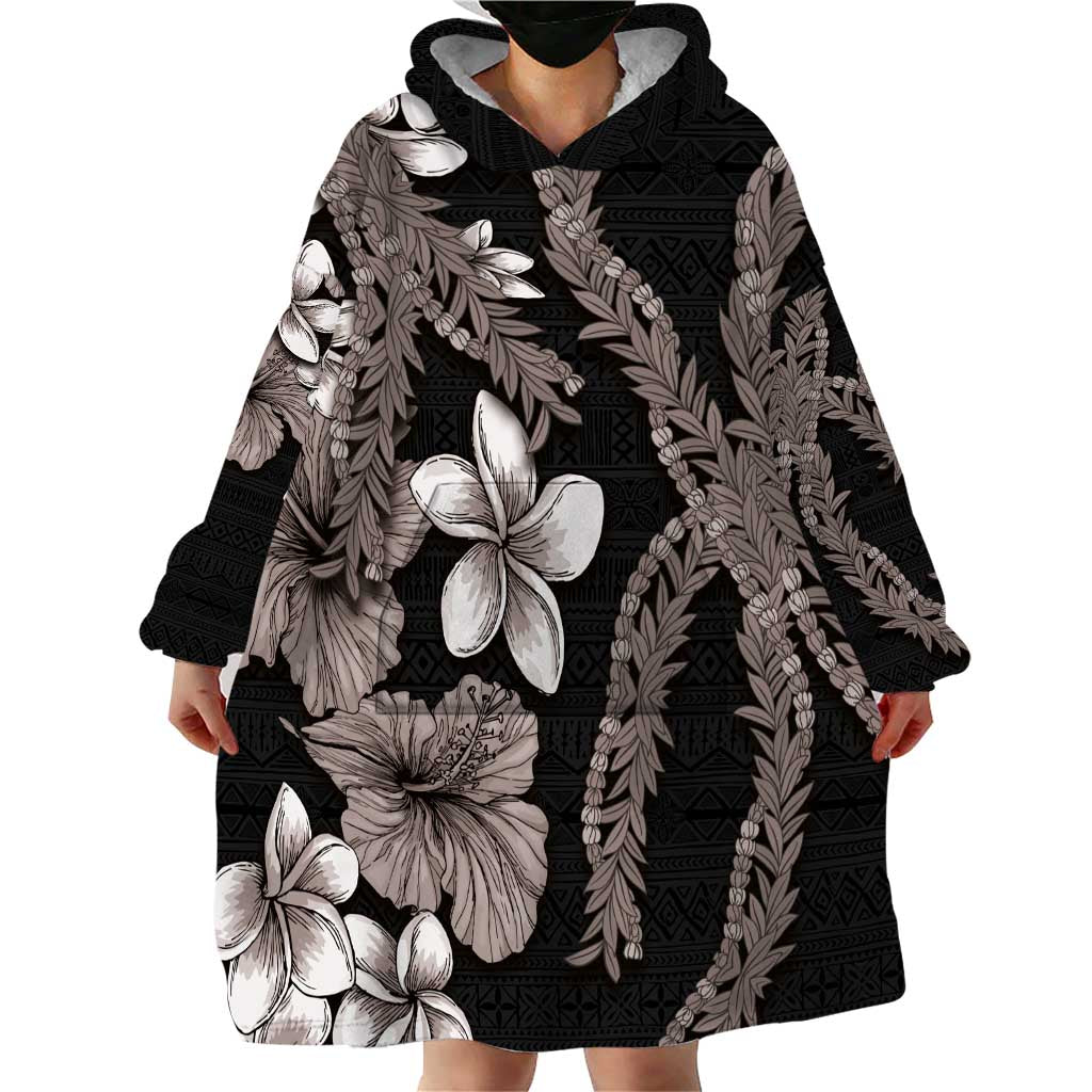 Hawaiian Tropical Flowers and Maile Pikake Wearable Blanket Hoodie Polynesian Tribal Pattern Grayscale Mode LT03 - Polynesian Pride