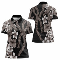 Hawaiian Tropical Flowers and Maile Pikake Women Polo Shirt Polynesian Tribal Pattern Grayscale Mode