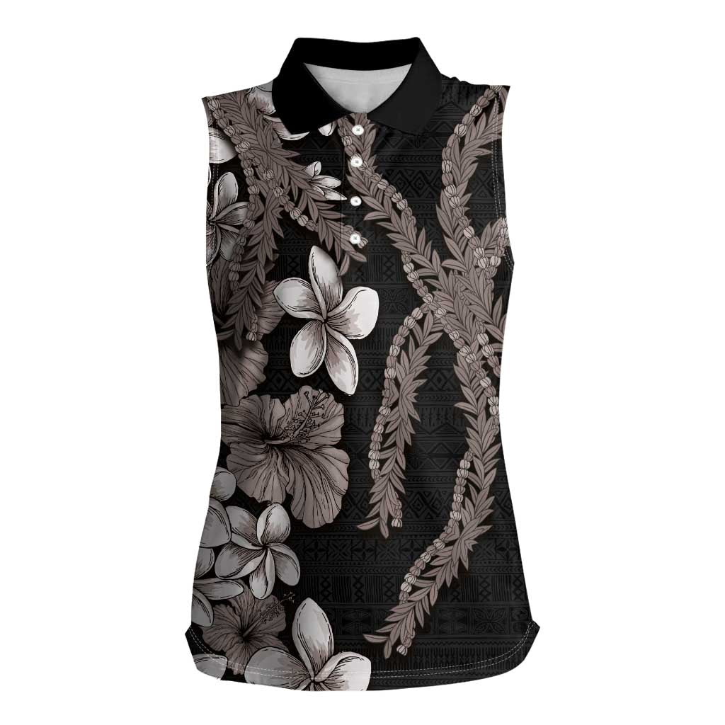 Hawaiian Tropical Flowers and Maile Pikake Women Sleeveless Polo Shirt Polynesian Tribal Pattern Grayscale Mode