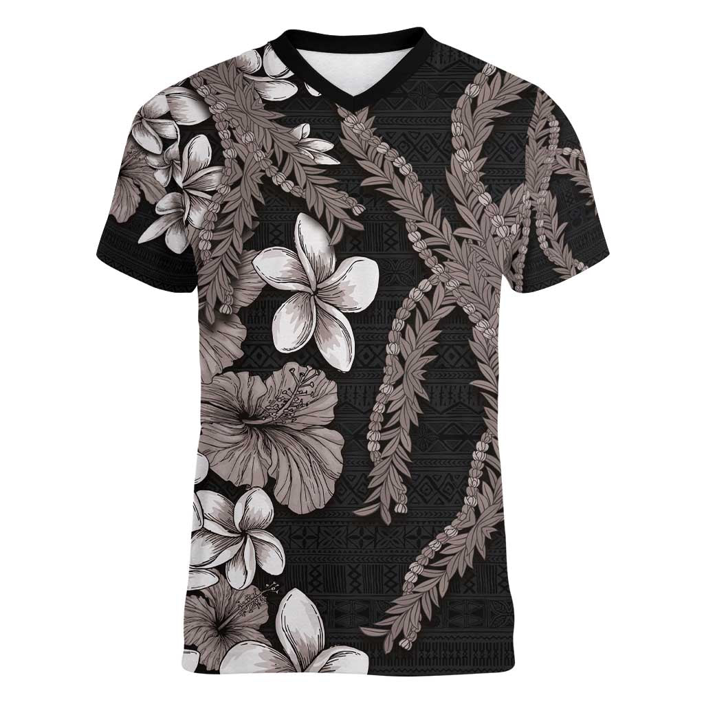 Hawaiian Tropical Flowers and Maile Pikake Women V-Neck T-Shirt Polynesian Tribal Pattern Grayscale Mode