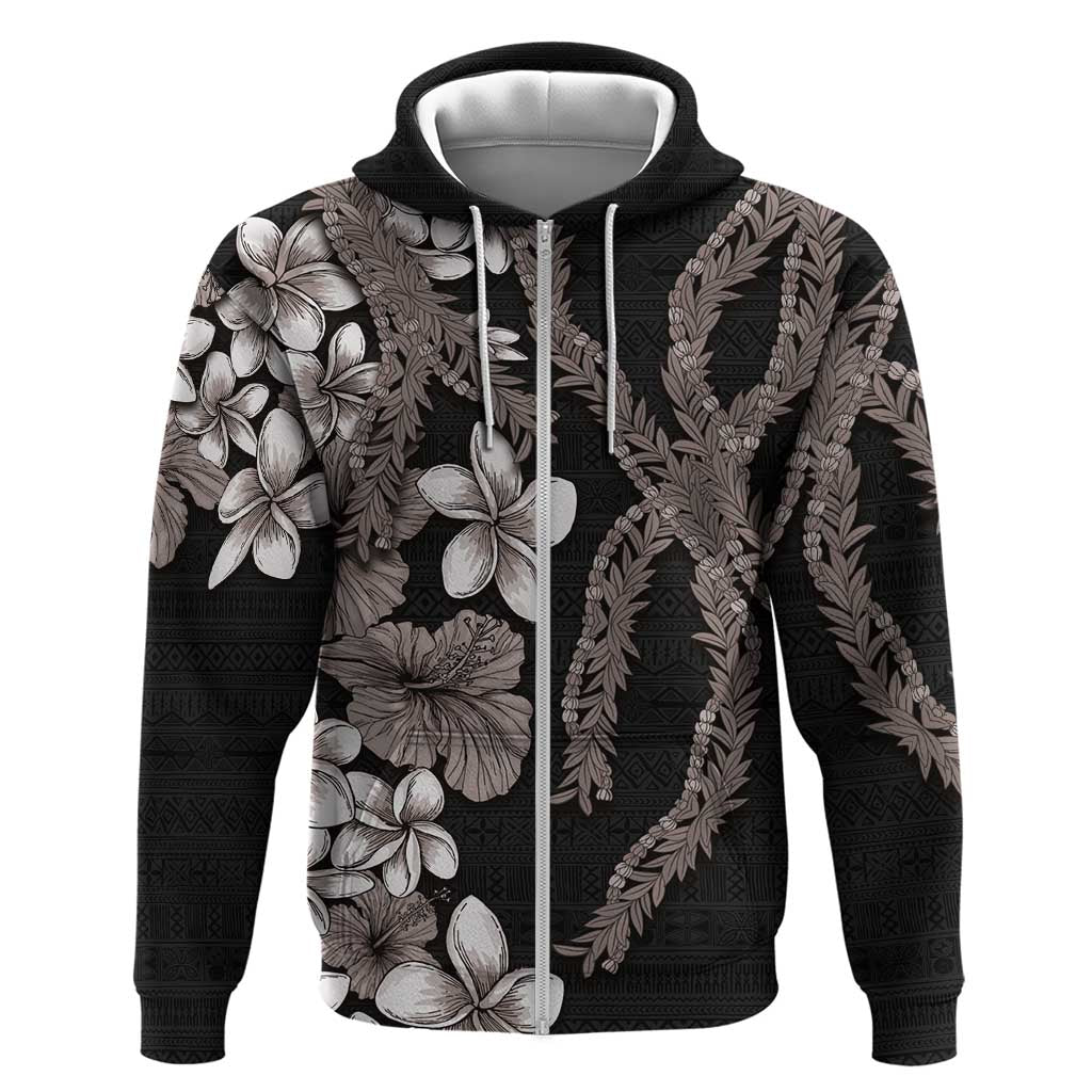 Hawaiian Tropical Flowers and Maile Pikake Zip Hoodie Polynesian Tribal Pattern Grayscale Mode