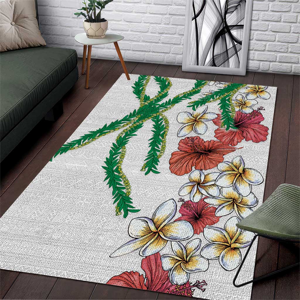 Hawaiian Tropical Flowers and Maile Pikake Area Rug Polynesian Tribal Pattern White Color