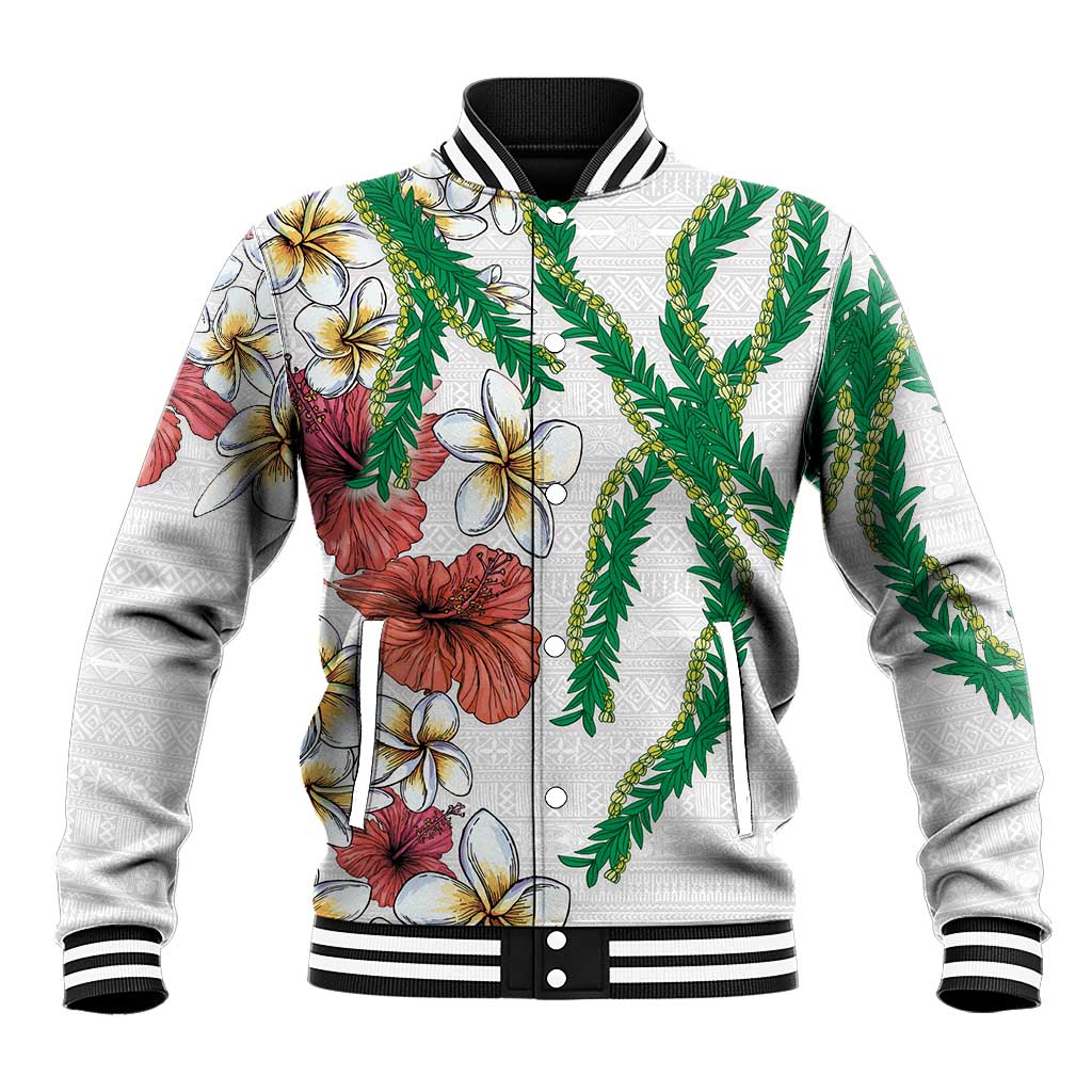 Hawaiian Tropical Flowers and Maile Pikake Baseball Jacket Polynesian Tribal Pattern White Color