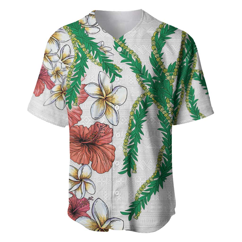 Hawaiian Tropical Flowers and Maile Pikake Baseball Jersey Polynesian Tribal Pattern White Color