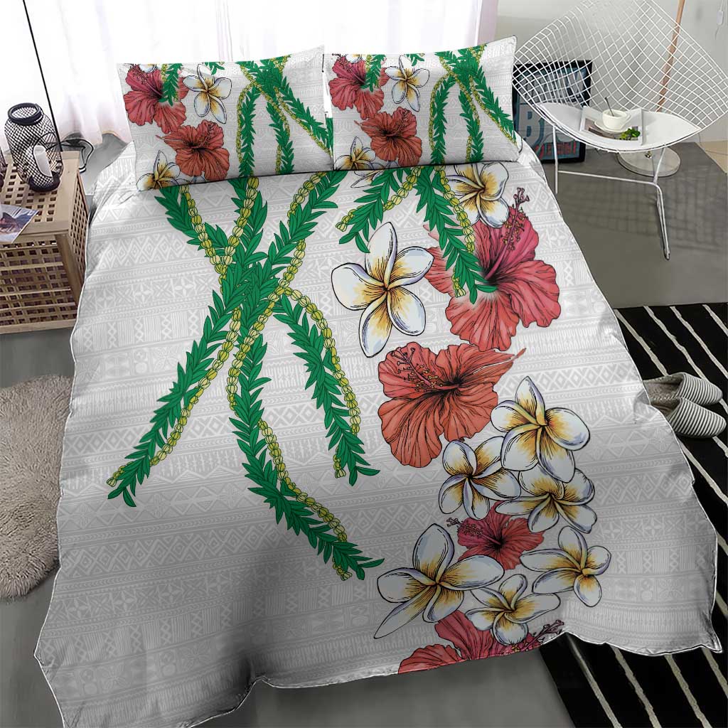 Hawaiian Tropical Flowers and Maile Pikake Bedding Set Polynesian Tribal Pattern White Color