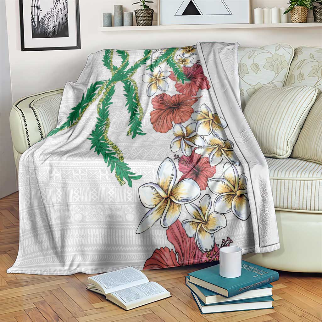 Hawaiian Tropical Flowers and Maile Pikake Blanket Polynesian Tribal Pattern White Color