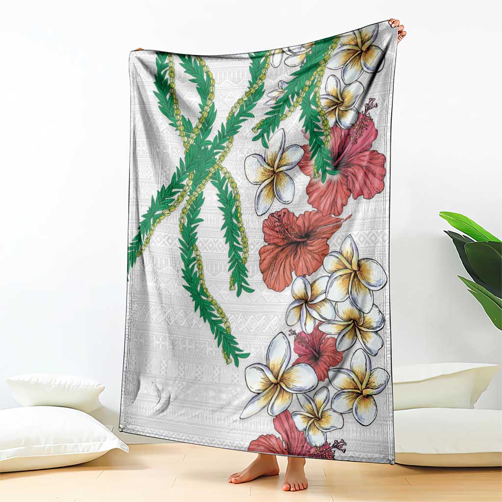 Hawaiian Tropical Flowers and Maile Pikake Blanket Polynesian Tribal Pattern White Color LT03 - Polynesian Pride
