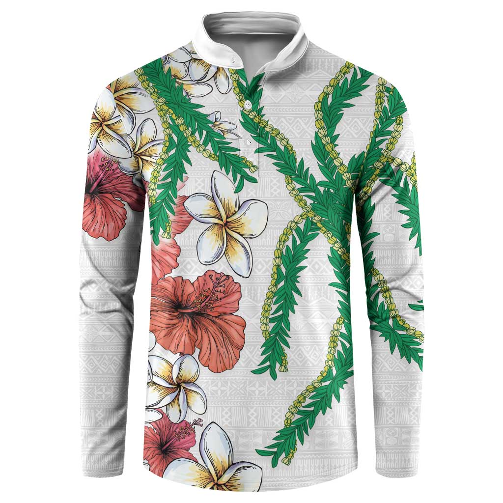 Hawaiian Tropical Flowers and Maile Pikake Button Sweatshirt Polynesian Tribal Pattern White Color