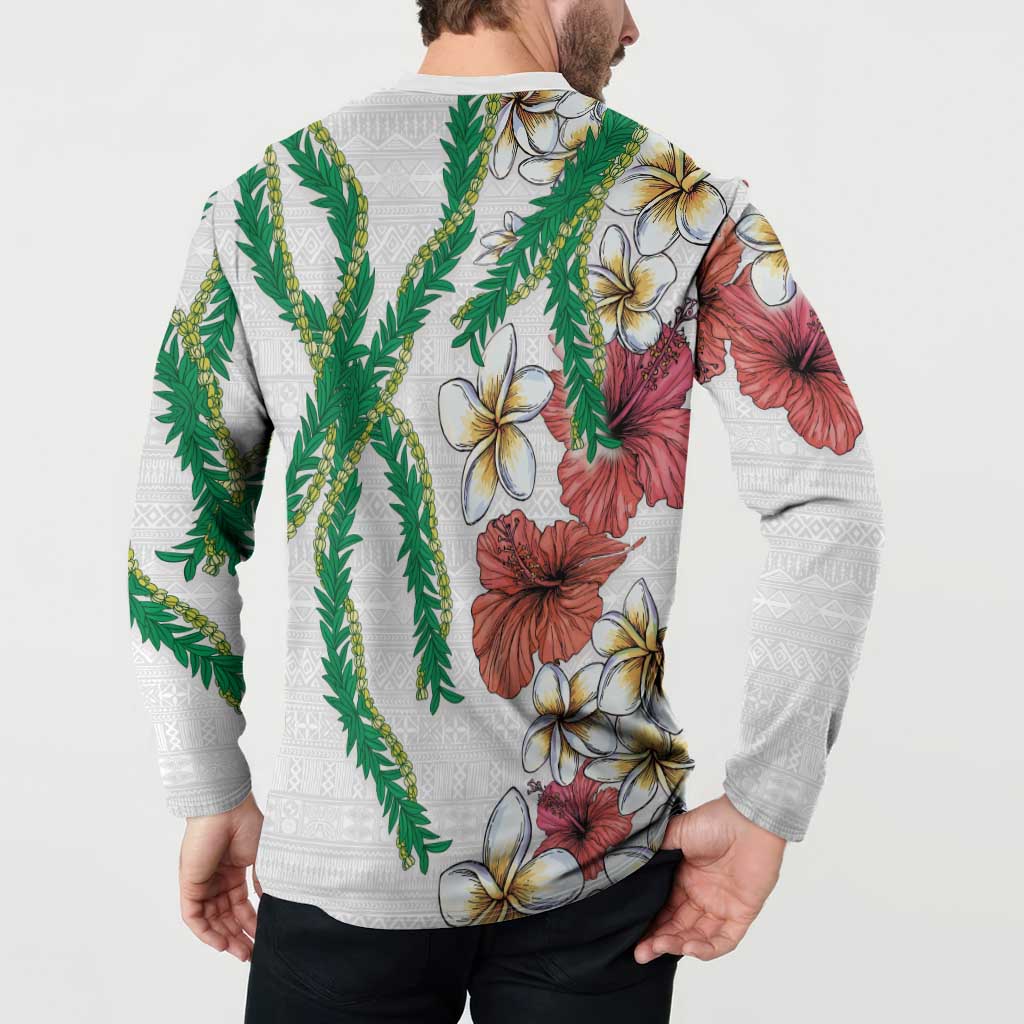 Hawaiian Tropical Flowers and Maile Pikake Button Sweatshirt Polynesian Tribal Pattern White Color LT03 - Polynesian Pride