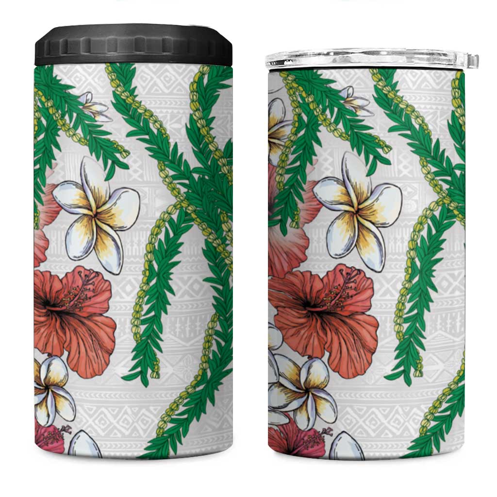 Hawaiian Tropical Flowers and Maile Pikake 4 in 1 Can Cooler Tumbler Polynesian Tribal Pattern White Color