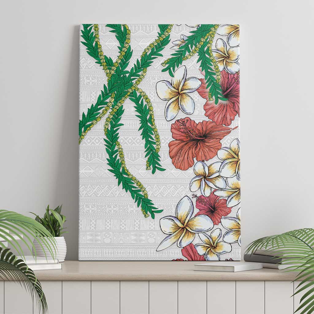 Hawaiian Tropical Flowers and Maile Pikake Canvas Wall Art Polynesian Tribal Pattern White Color LT03 - Polynesian Pride