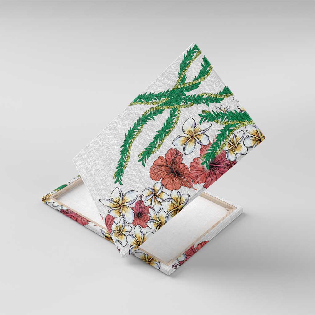 Hawaiian Tropical Flowers and Maile Pikake Canvas Wall Art Polynesian Tribal Pattern White Color LT03 With Frame White - Polynesian Pride