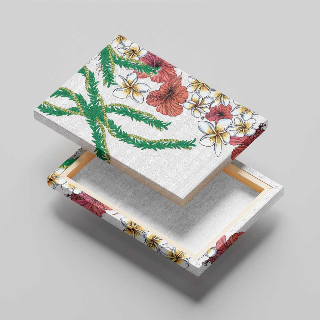 Hawaiian Tropical Flowers and Maile Pikake Canvas Wall Art Polynesian Tribal Pattern White Color LT03 - Polynesian Pride
