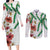 Hawaiian Tropical Flowers and Maile Pikake Couples Matching Long Sleeve Bodycon Dress and Long Sleeve Button Shirt Polynesian Tribal Pattern White Color