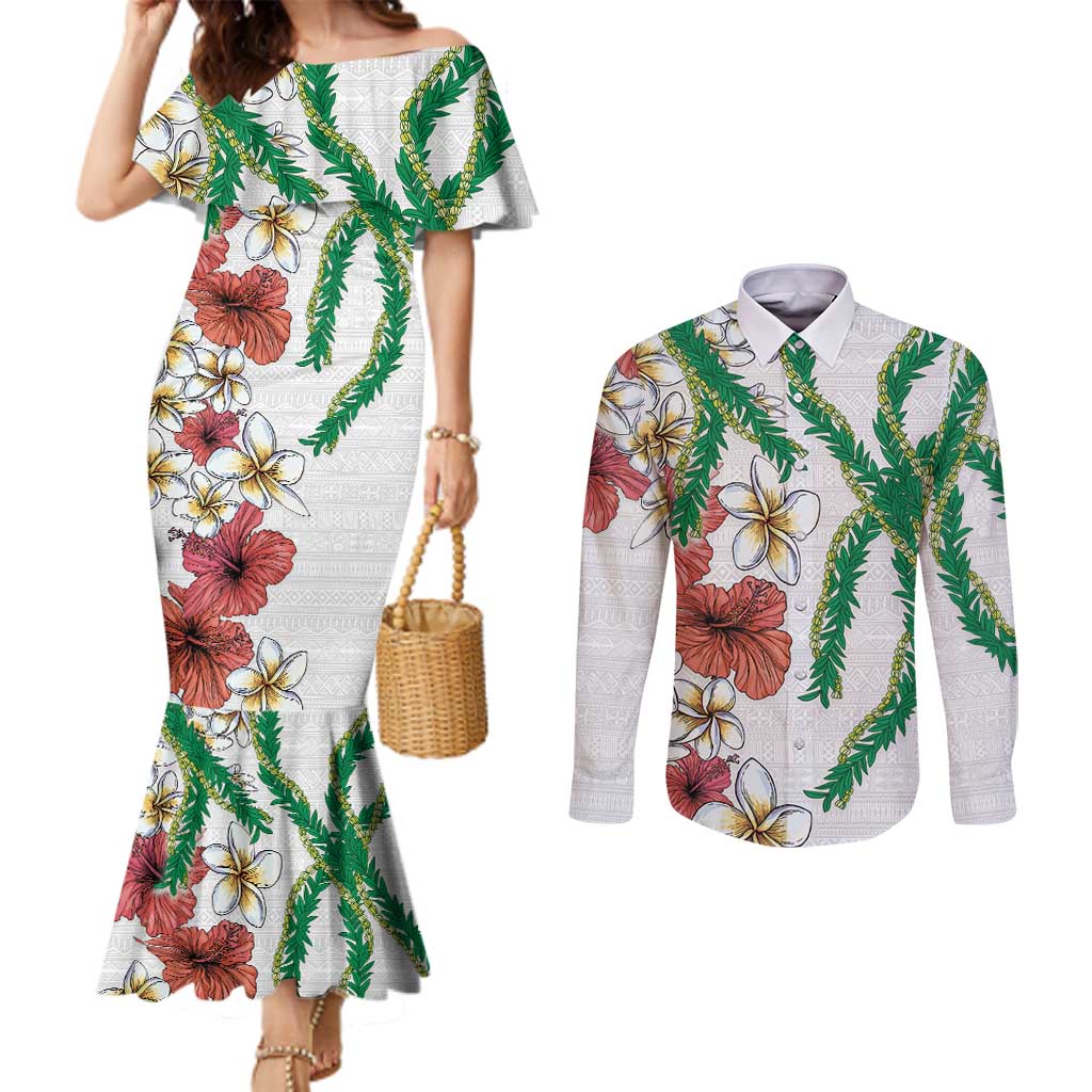 Hawaiian Tropical Flowers and Maile Pikake Couples Matching Mermaid Dress and Long Sleeve Button Shirt Polynesian Tribal Pattern White Color