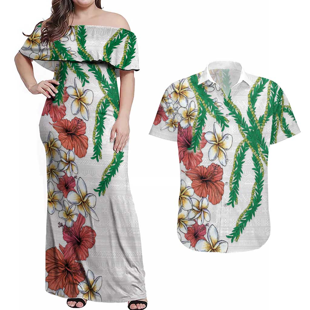 Hawaiian Tropical Flowers and Maile Pikake Couples Matching Off Shoulder Maxi Dress and Hawaiian Shirt Polynesian Tribal Pattern White Color