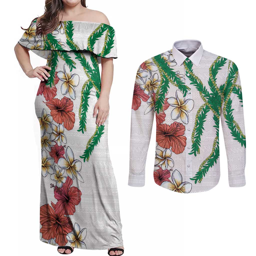 Hawaiian Tropical Flowers and Maile Pikake Couples Matching Off Shoulder Maxi Dress and Long Sleeve Button Shirt Polynesian Tribal Pattern White Color