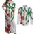 Hawaiian Tropical Flowers and Maile Pikake Couples Matching Off Shoulder Maxi Dress and Long Sleeve Button Shirt Polynesian Tribal Pattern White Color