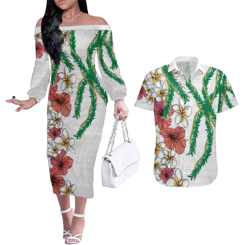 Hawaiian Tropical Flowers and Maile Pikake Couples Matching Off The Shoulder Long Sleeve Dress and Hawaiian Shirt Polynesian Tribal Pattern White Color LT03 White - Polynesian Pride