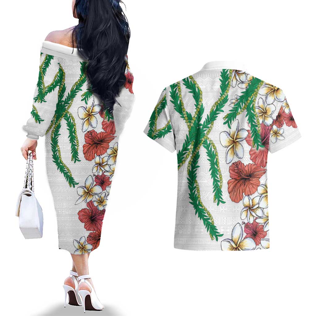 Hawaiian Tropical Flowers and Maile Pikake Couples Matching Off The Shoulder Long Sleeve Dress and Hawaiian Shirt Polynesian Tribal Pattern White Color LT03 - Polynesian Pride