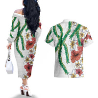 Hawaiian Tropical Flowers and Maile Pikake Couples Matching Off The Shoulder Long Sleeve Dress and Hawaiian Shirt Polynesian Tribal Pattern White Color LT03 - Polynesian Pride