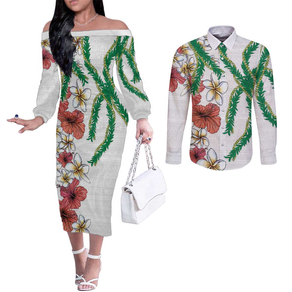 Hawaiian Tropical Flowers and Maile Pikake Couples Matching Off The Shoulder Long Sleeve Dress and Long Sleeve Button Shirt Polynesian Tribal Pattern White Color LT03 White - Polynesian Pride