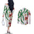 Hawaiian Tropical Flowers and Maile Pikake Couples Matching Off The Shoulder Long Sleeve Dress and Long Sleeve Button Shirt Polynesian Tribal Pattern White Color