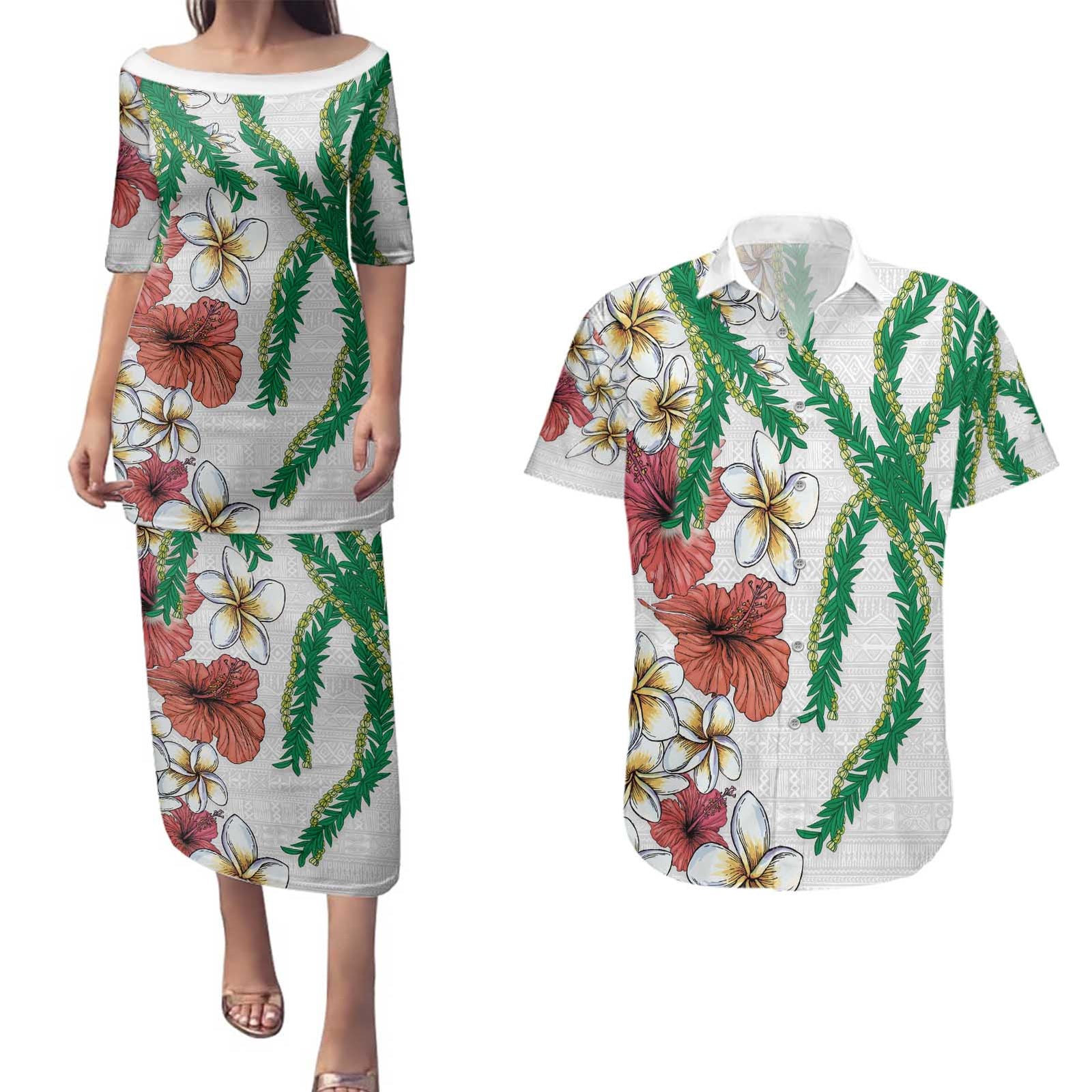 Hawaiian Tropical Flowers and Maile Pikake Couples Matching Puletasi and Hawaiian Shirt Polynesian Tribal Pattern White Color LT03 White - Polynesian Pride