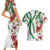 Hawaiian Tropical Flowers and Maile Pikake Couples Matching Short Sleeve Bodycon Dress and Hawaiian Shirt Polynesian Tribal Pattern White Color